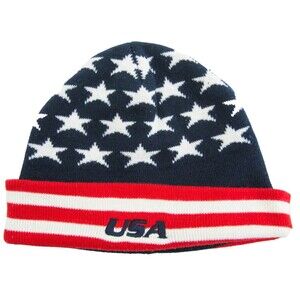 USA Flag Knit Beanie Hat Adult Red White Blue Start Stripes Acrylic Olympics